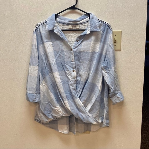 Vintage America Blues Striped Plaid Lace Chambray Button Wrapped Blouse Size 1X - Picture 2 of 11